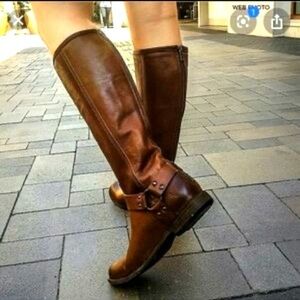Frye Phillip Harness Tall Knee High Boots Zip Back Classic Cognac Leather Sz 7.5